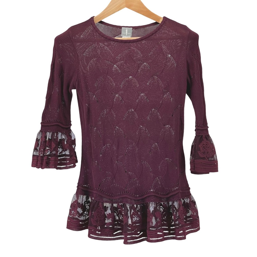 Fair Lady Burgundy Lace Trim Knit Bell Sleeve Tunic Women's Size 6 Fairycore‎